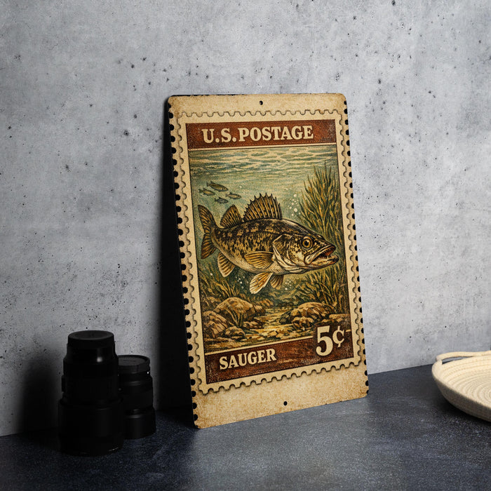 A U.S. postage stamp featuring a fish, specifically a Sauger, is displayed on a table.