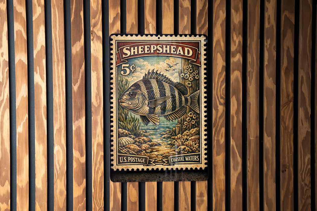A 5-cent US postage stamp featuring a striped fish, placed on a wooden surface.