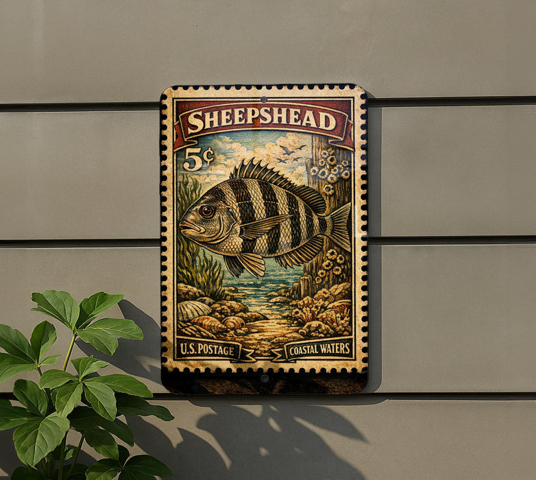 A metal sign with a stamp-like design, featuring a striped fish and a coastal landscape, mounted on a wall.