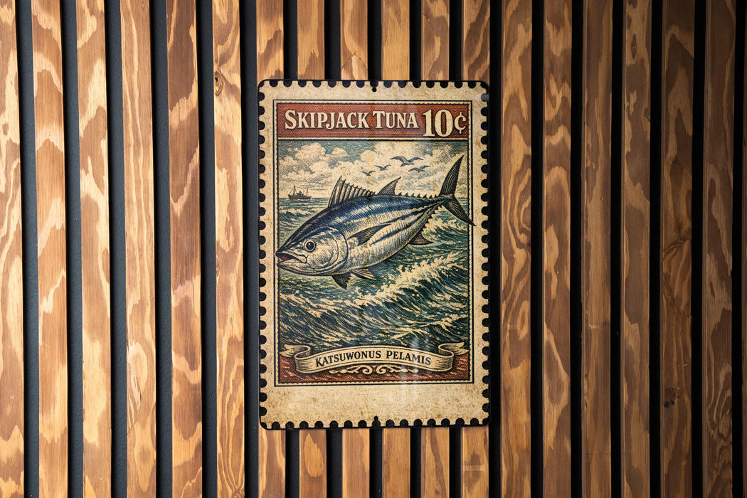 A vintage-style stamp featuring a tuna fish, with the text "SKIPJACK TUNA 10c" and "KATSWOONIS PEALAMIS" printed on it.