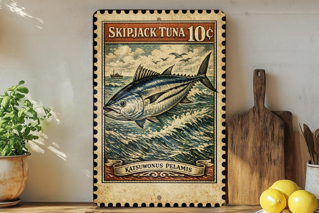 A framed image of a tuna fish, with a stamp-like border, is displayed on a shelf next to a wooden cutting board and some lemons.