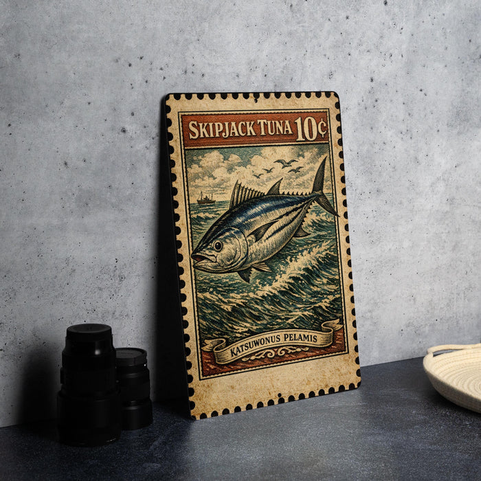 A metal stamp featuring a fish, likely a Skipjack tuna, with a wave and clouds in the background.