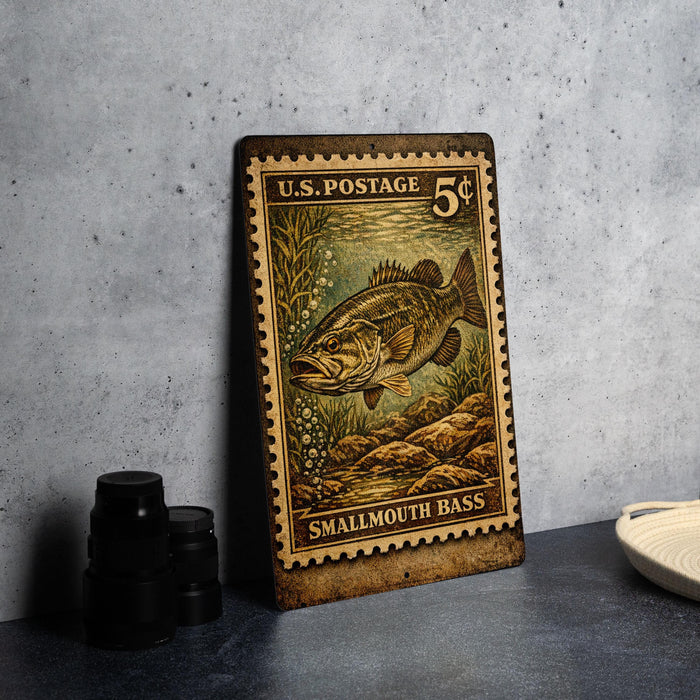 Smallmouth Bass Vintage Stamp Style Metal Sign, Fishing Cabin Decor, Angler Gift, Lake House Wall Sign