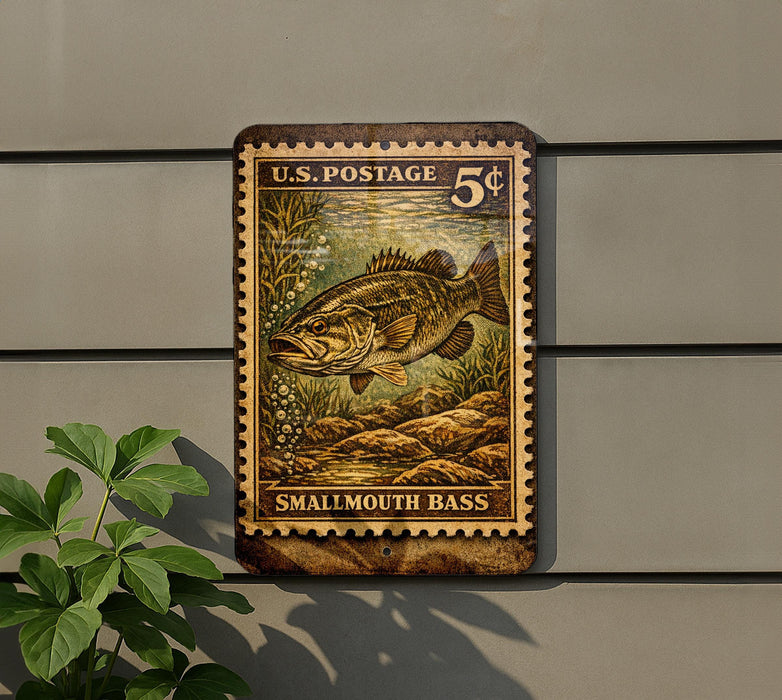 Smallmouth Bass Vintage Stamp Style Metal Sign, Fishing Cabin Decor, Angler Gift, Lake House Wall Sign