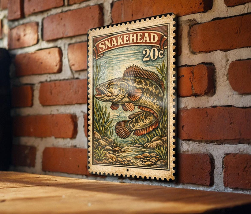A vintage-style stamp featuring a fish, likely a snakehead, is displayed on a brick wall.