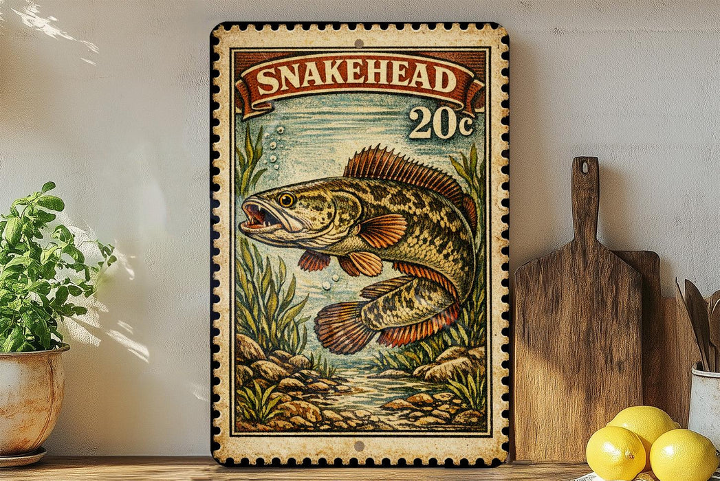 A framed print of a fish, specifically a snakehead, is displayed on a shelf next to a wooden cutting board and some lemons.