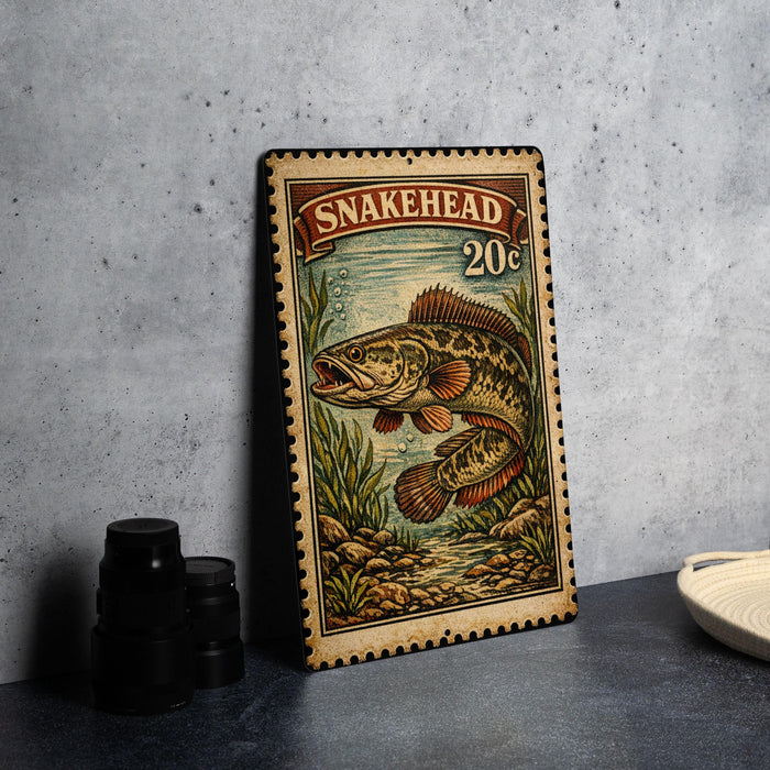 A metal sign with a fish illustration and the text "SNAKEHEAD 20¢" is displayed on a table.