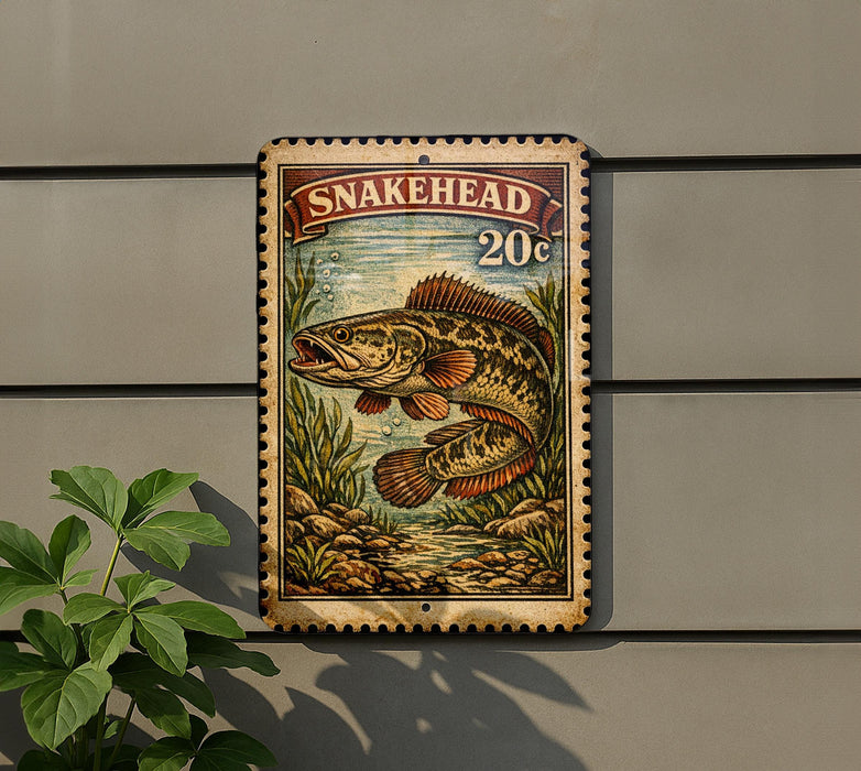 a metal sign with a painting of a fish, which appears to be a decorative piece.