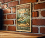 A 10-cent U.S. postage stamp featuring a speckled trout, mounted on a brick wall.