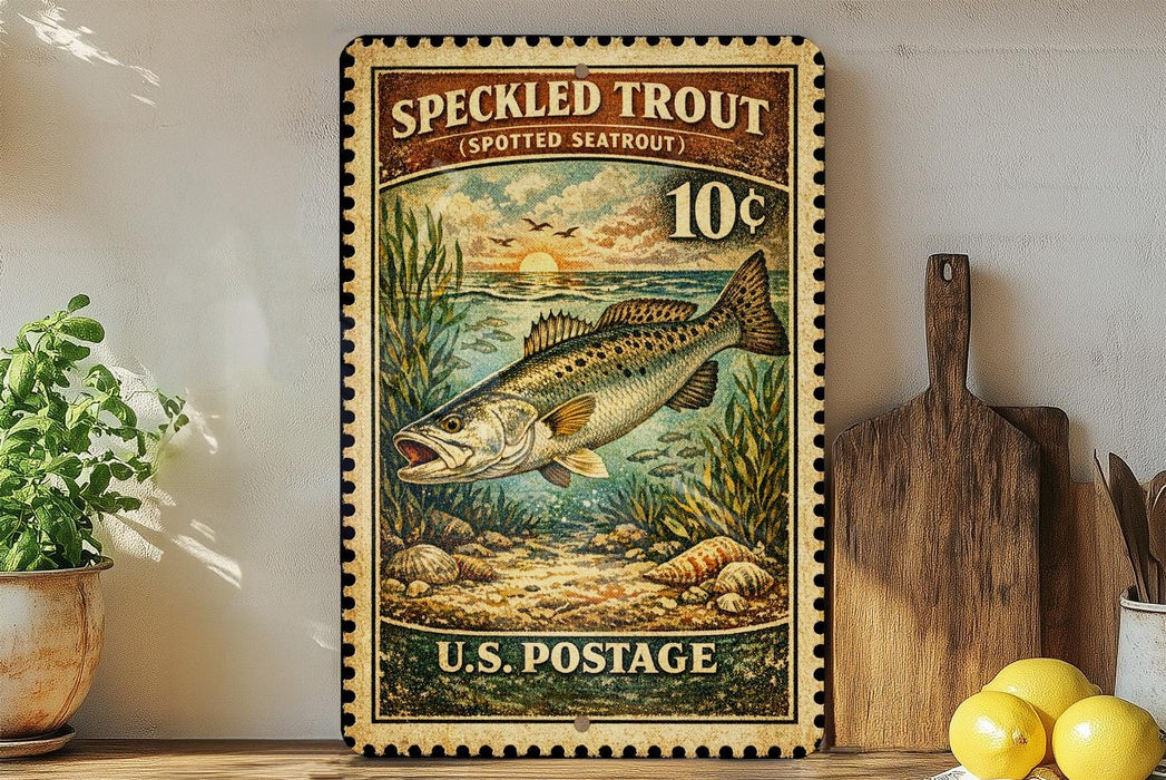 A vintage-style postage stamp featuring a speckled trout, with a price of 10 cents, is displayed on a wall next to a wooden cutting board and some kitchen utensils.