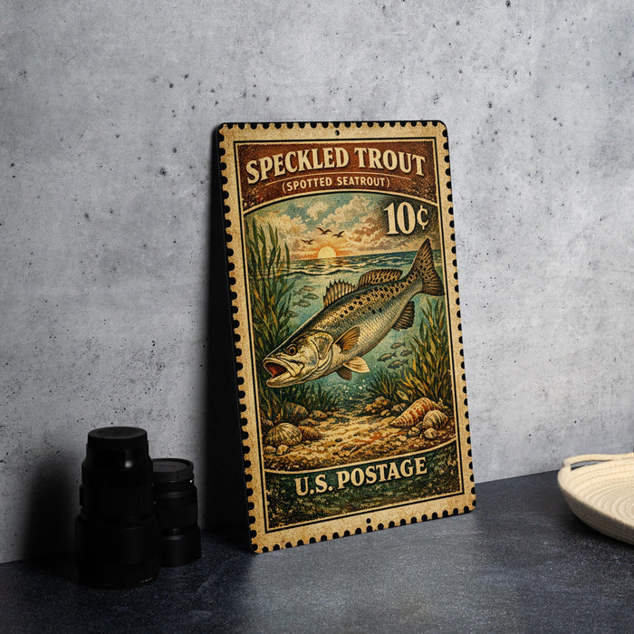 A vintage-style postage stamp featuring a speckled trout, with a price of 10 cents, is displayed on a table next to some black camera lenses.