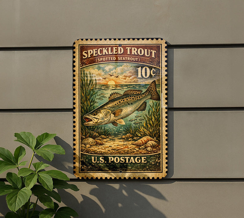 A vintage-style postage stamp featuring a speckled trout, with the text "SPECKLED TROUT (SPOTTED SEATROUT)" and the value of 10 cents.