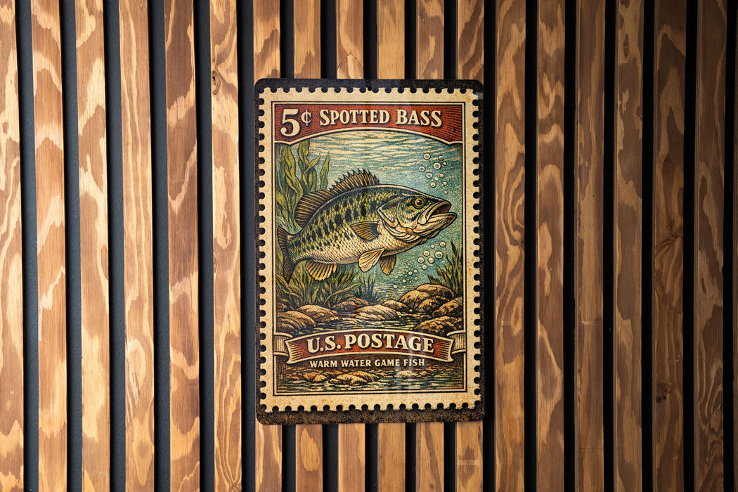 A 5¢ postage stamp featuring a spotted bass fish, with the text "5¢ SPOTTED BASS" and "U.S. POSTAGE WARM WATER GAME FISH" printed on it.