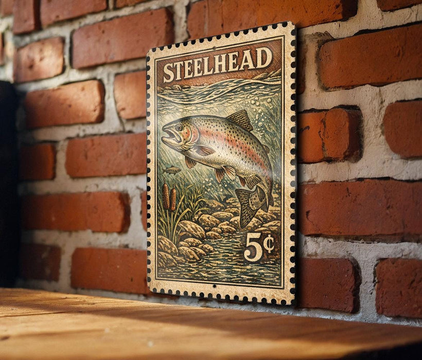 A vintage-style postage stamp featuring a fish illustration is displayed on a brick wall.
