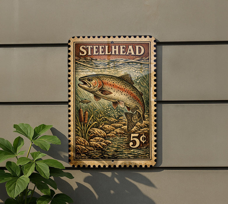 A vintage-style metal sign with a fish illustration and the text "STEELHEAD" is mounted on a wall.