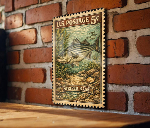 A U.S. postage stamp featuring a striped bass is displayed on a brick wall.