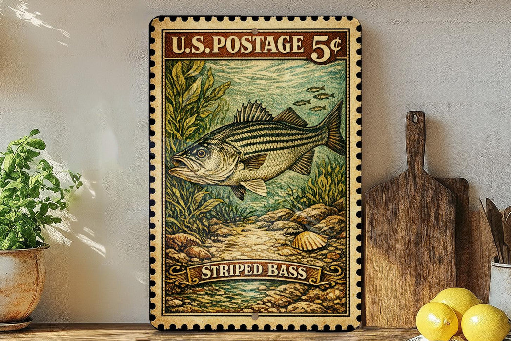 A framed vintage postage stamp depicting a striped bass fish, placed on a shelf next to a wooden cutting board and some lemons.