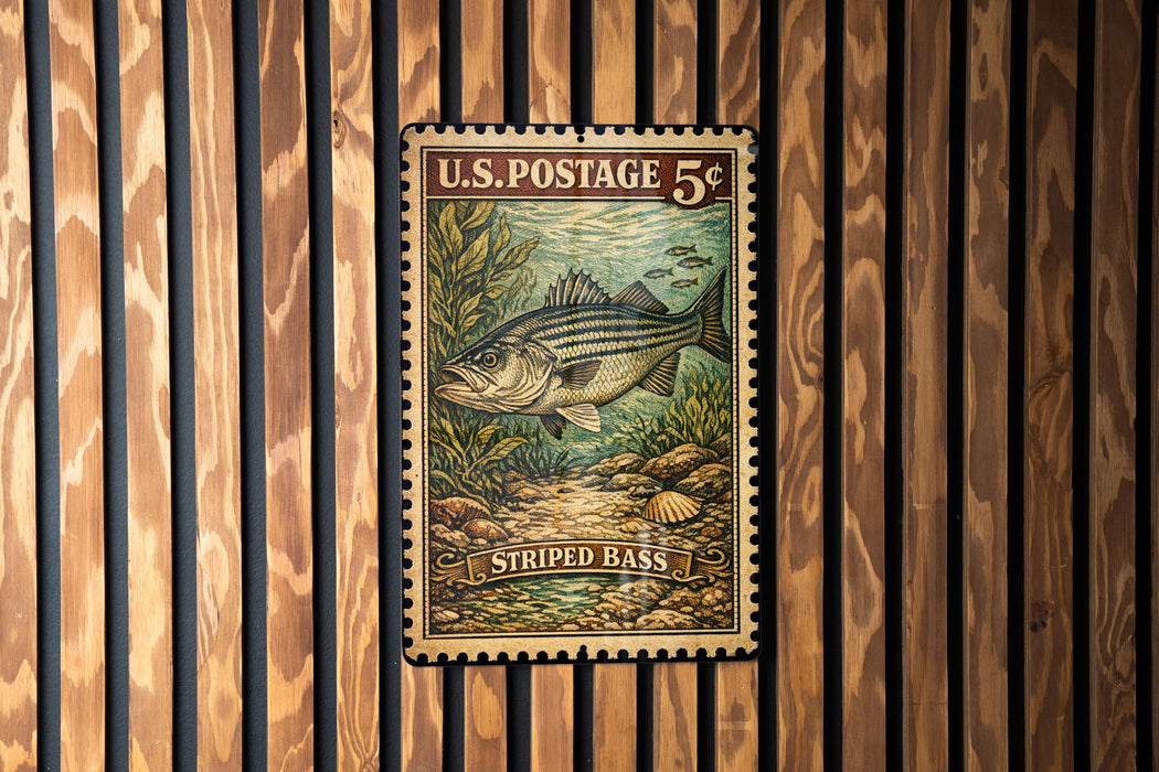A U.S. postage stamp featuring a striped bass is displayed on a wooden wall.