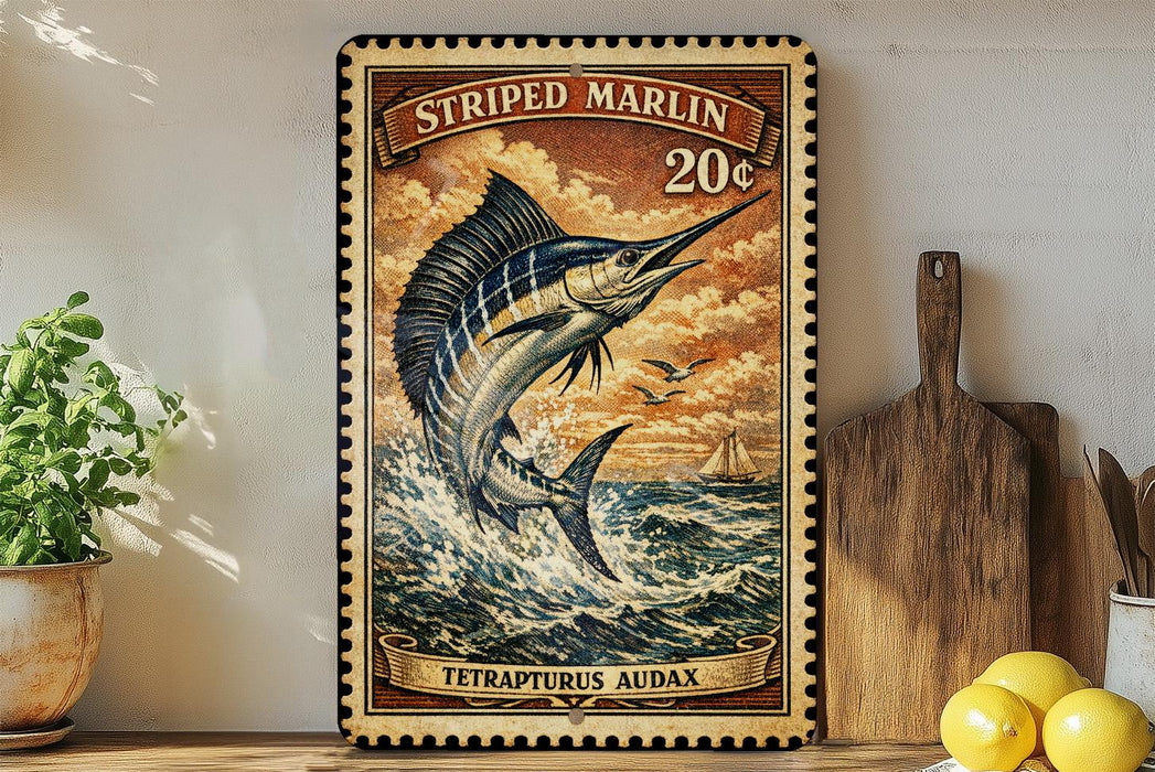 A framed vintage postage stamp featuring a striped marlin fish, with a price of 20 cents, is displayed on a wall next to a wooden cutting board and a potted plant.