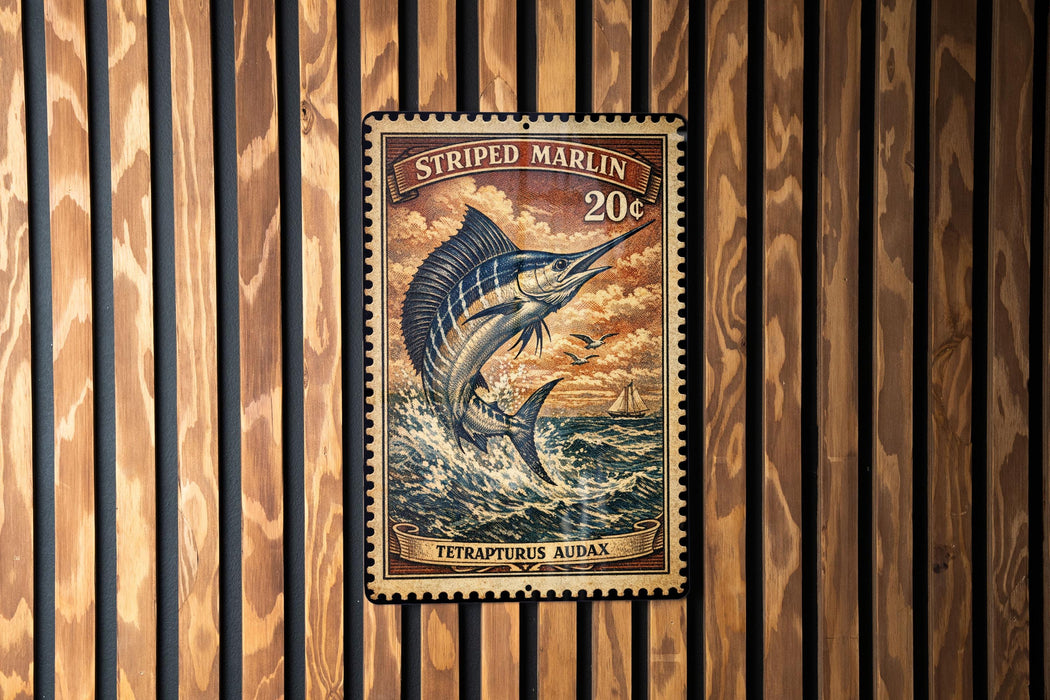 A metal sign with a striped marlin fish on it, mounted on a wooden wall.