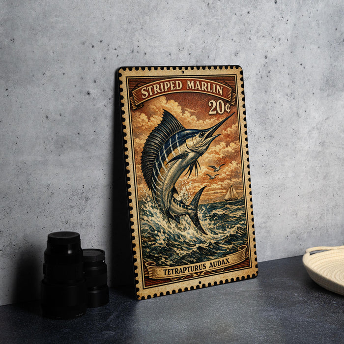 A metal plate featuring a painting of a striped marlin fish, with a price tag of 20 cents.