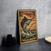 A metal plate featuring a painting of a striped marlin fish, with a price tag of 20 cents.