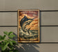 A framed image of a striped marlin fish, with a price tag of 20 cents, is displayed on a wall next to a plant.