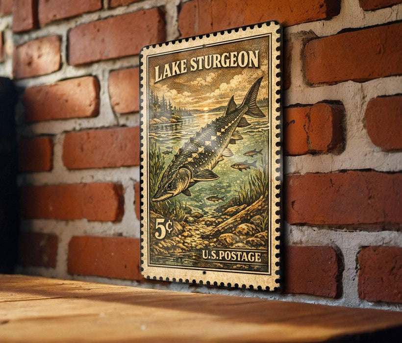 A vintage-style stamp depicting a fish, likely a sturgeon, is mounted on a brick wall.
