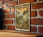 A vintage-style stamp depicting a fish, likely a sturgeon, is mounted on a brick wall.