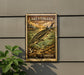 A vintage-style stamp depicting a fish, likely a sturgeon, is mounted on a wall next to a plant.