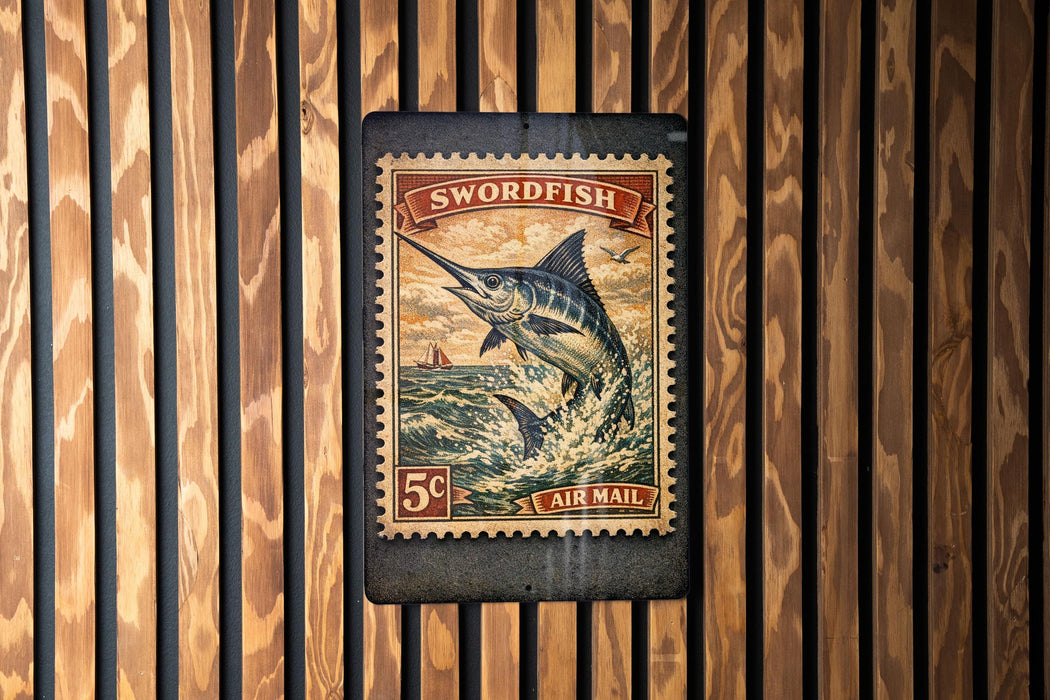 A 5 cent postage stamp featuring a swordfish, which is displayed on a wooden wall.
