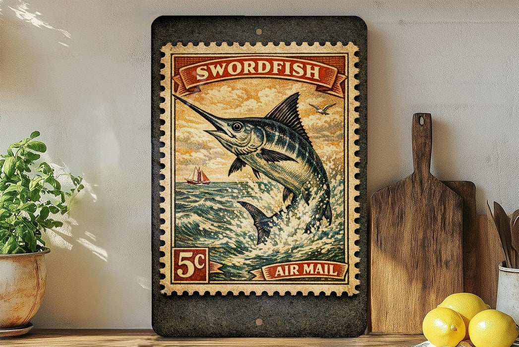 A vintage-style postage stamp featuring a swordfish, with the text "SWORDFISH AIR MAIL" and a price of 5 cents. The stamp is displayed on a wooden surface, with a potted plant, a cutting board, and some lemons nearby.
