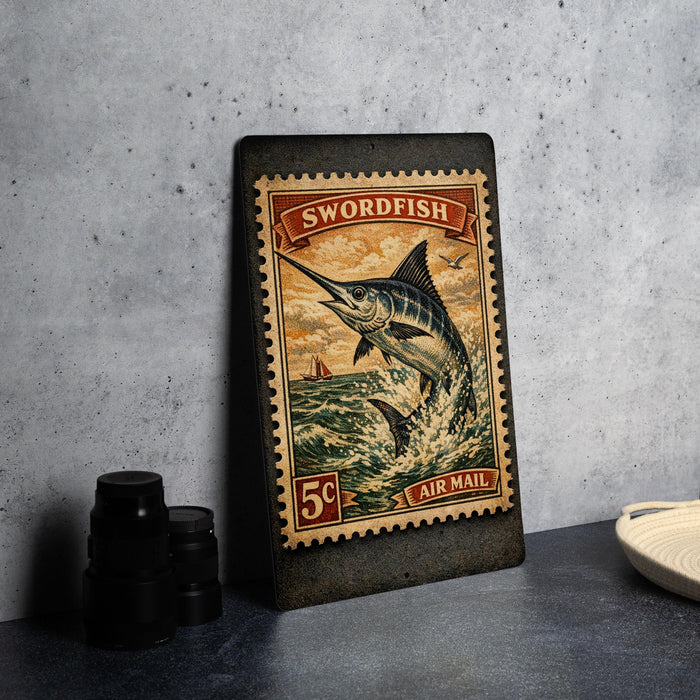 A vintage-style metal stamp depicting a swordfish, with the text "SWORDFISH AIR MAIL" and a price of 5 cents.