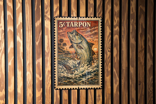 A framed image of a fish, likely a Tarpon, is displayed on a wooden wall.