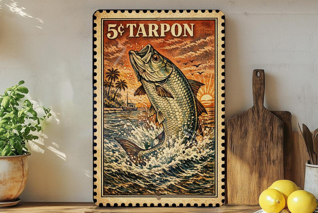 A framed vintage-style stamp depicting a fish jumping out of the water, with a tropical landscape in the background.