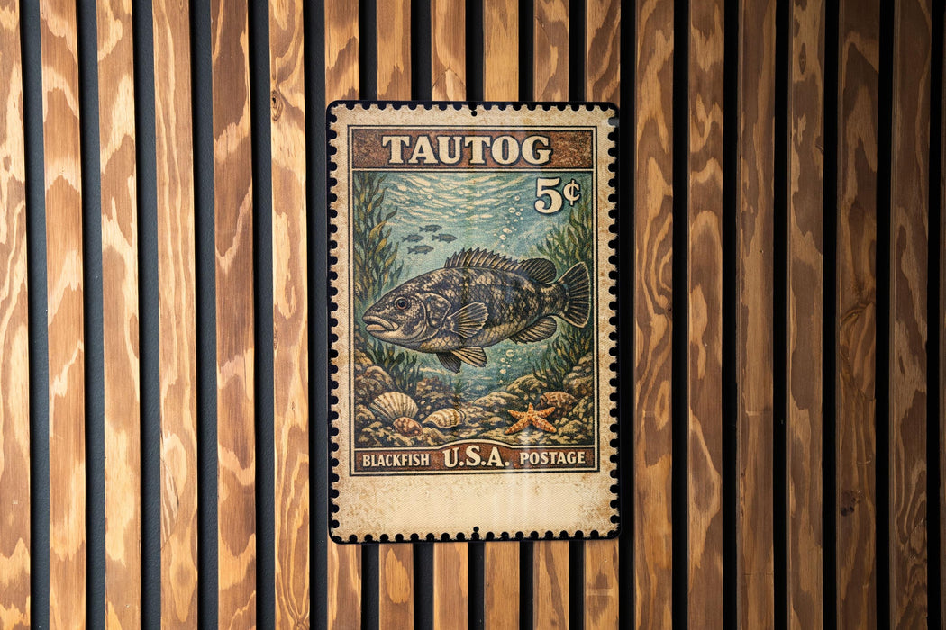 A vintage 5 cents postage stamp from the United States, featuring an illustration of a fish and marine life.