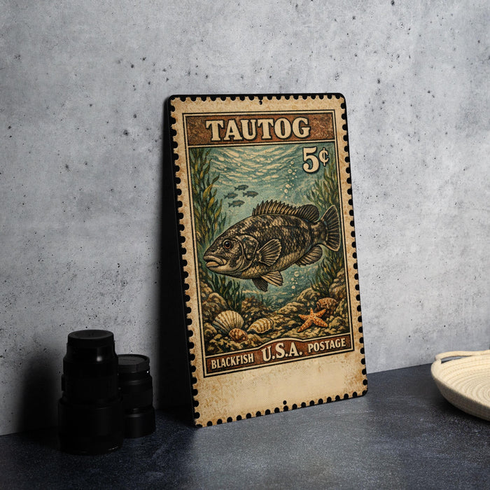 A vintage Tautog postage stamp from the United States, featuring a blackfish illustration, is displayed on a table.