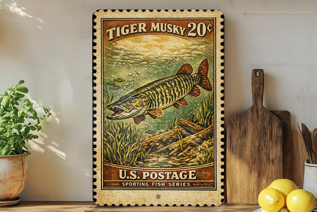 A vintage-style stamp depicting a tiger musky fish, with the text "TIGER MUSKY 20¢" and "U.S. POSTAGE" printed on it. The stamp is displayed on a wooden surface, with a potted plant, a wooden cutting board, and some lemons nearby.