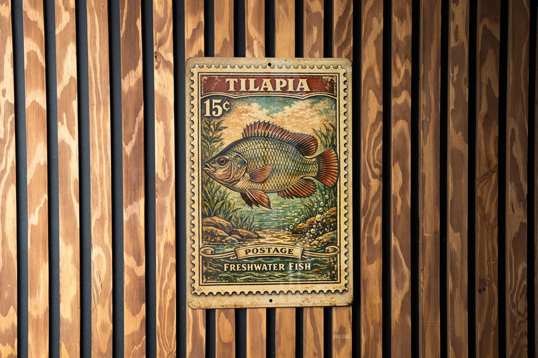 A vintage postage stamp from the state of Oregon, featuring a colorful illustration of a fish, is displayed on a wooden wall.