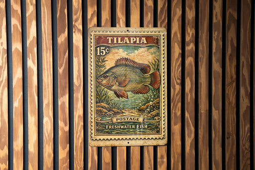 A vintage postage stamp from the state of Oregon, featuring a colorful illustration of a fish, is displayed on a wooden wall.