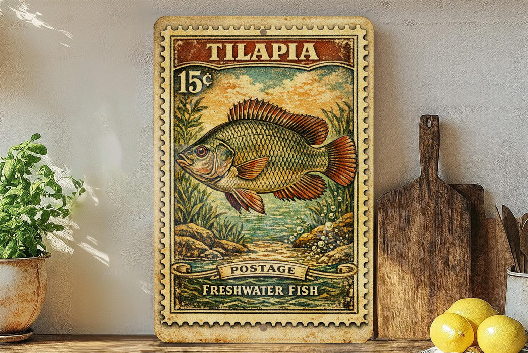 A vintage postage stamp featuring a colorful illustration of a fish, with the text "Tilapia" and "Postage Freshwater Fish" printed on it. The stamp is displayed on a shelf next to a wooden cutting board and some kitchen utensils.