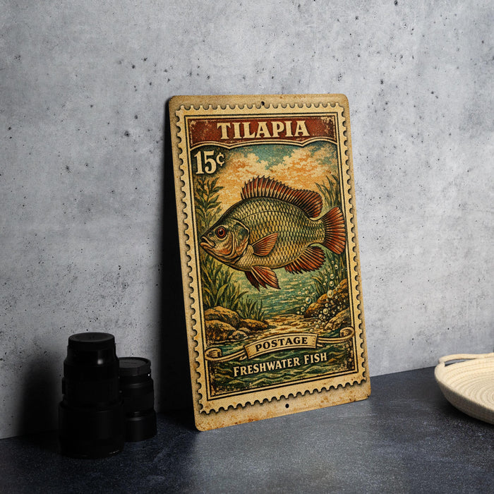 A vintage postage stamp featuring a fish, likely a freshwater fish, is displayed on a table next to some black camera lenses.