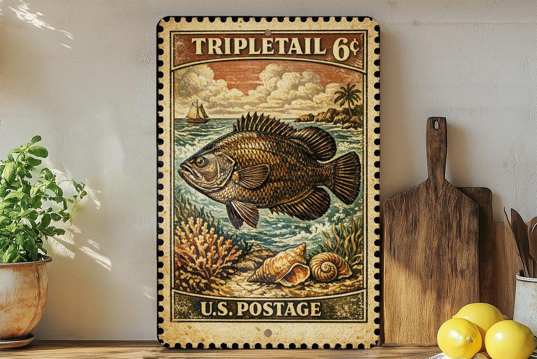 A vintage-style postage stamp featuring a large fish, surrounded by a tropical landscape, is displayed on a shelf next to a wooden cutting board and a potted plant.