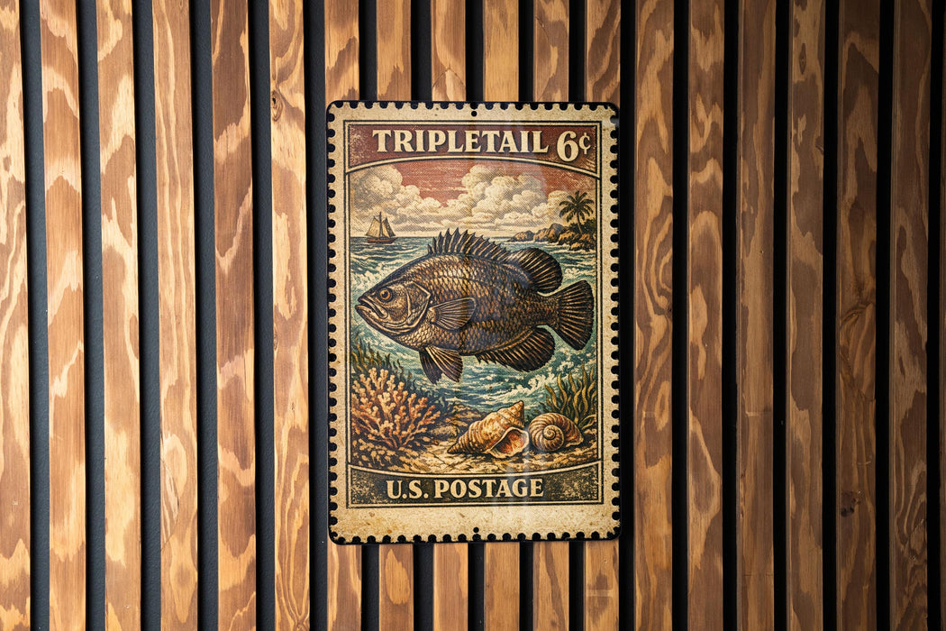 A vintage U.S. postage stamp featuring a large fish, placed on a wooden wall.