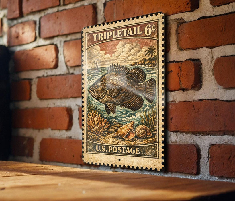 A vintage U.S. postage stamp featuring a large illustration of a fish on a brick wall.