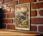 A vintage U.S. postage stamp featuring a large illustration of a fish on a brick wall.
