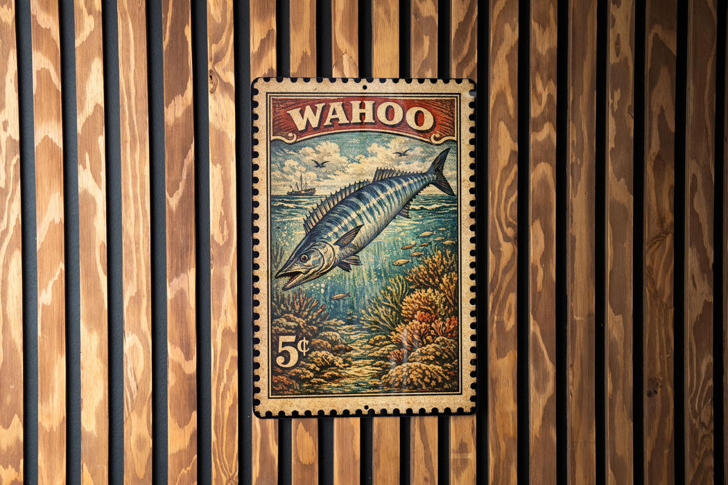 A metal stamp featuring a fish, likely a Wahoo, against a wooden background.