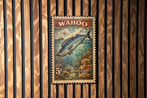 A metal stamp featuring a fish, likely a Wahoo, against a wooden background.