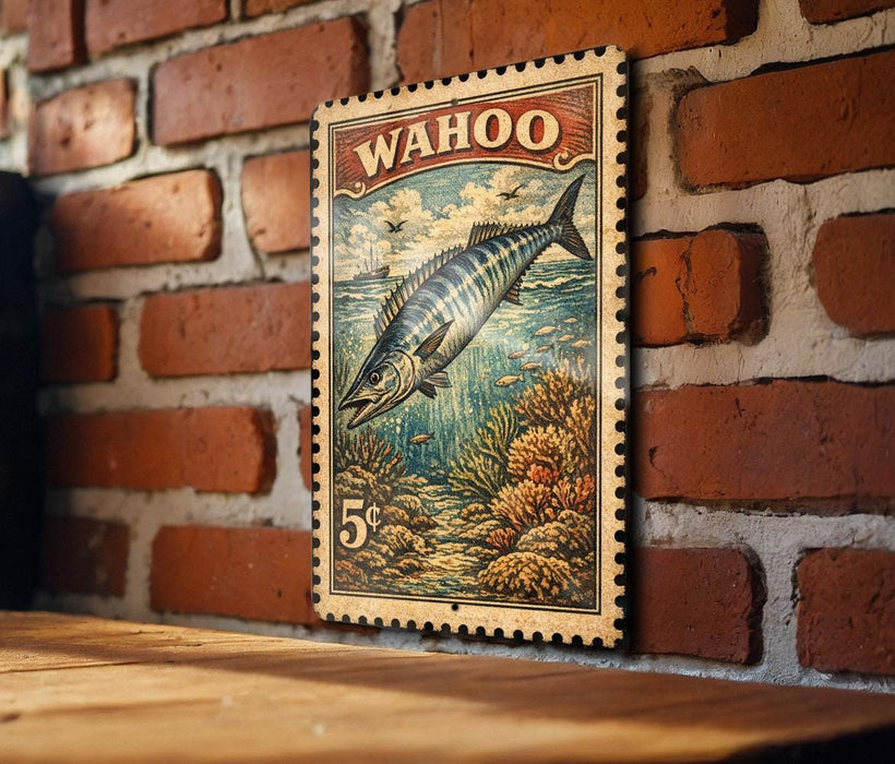 A vintage-style stamp depicting a fish, likely a Wahoo, is mounted on a brick wall.