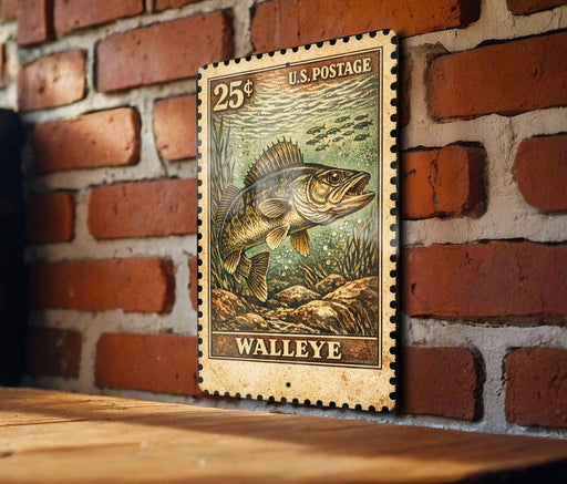 A weathered U.S. postage stamp featuring a walleye fish, mounted on a brick wall.